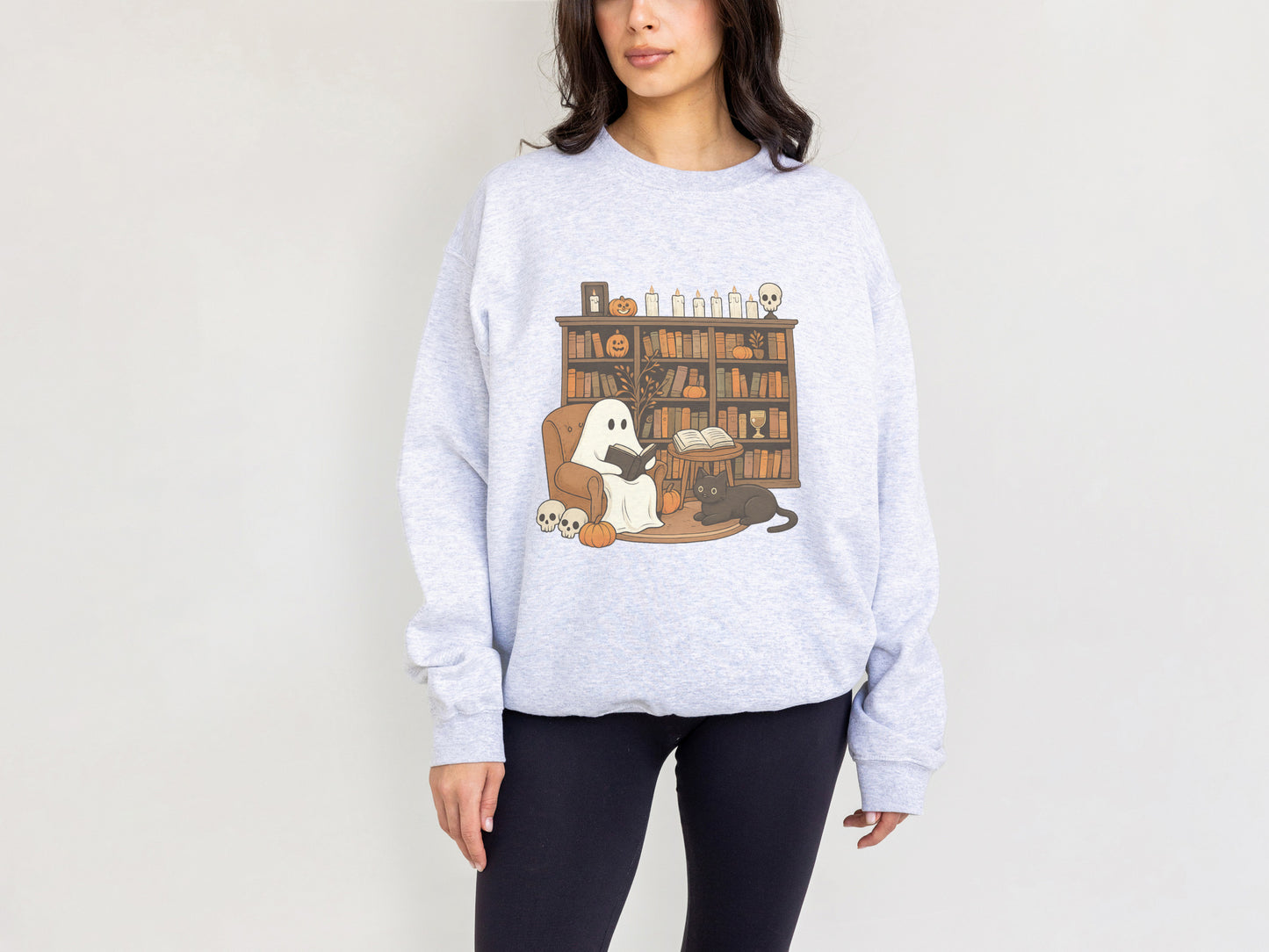 Cute Ghost and Cat Halloween Sweatshirt – Cozy Fall Crewneck