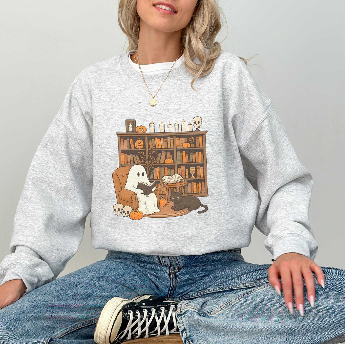 Cute Ghost and Cat Halloween Sweatshirt – Cozy Fall Crewneck