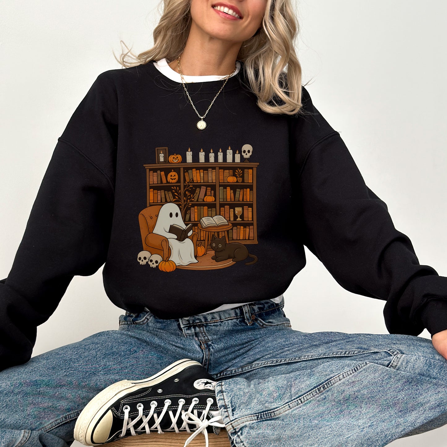 Cute Ghost and Cat Halloween Sweatshirt – Cozy Fall Crewneck
