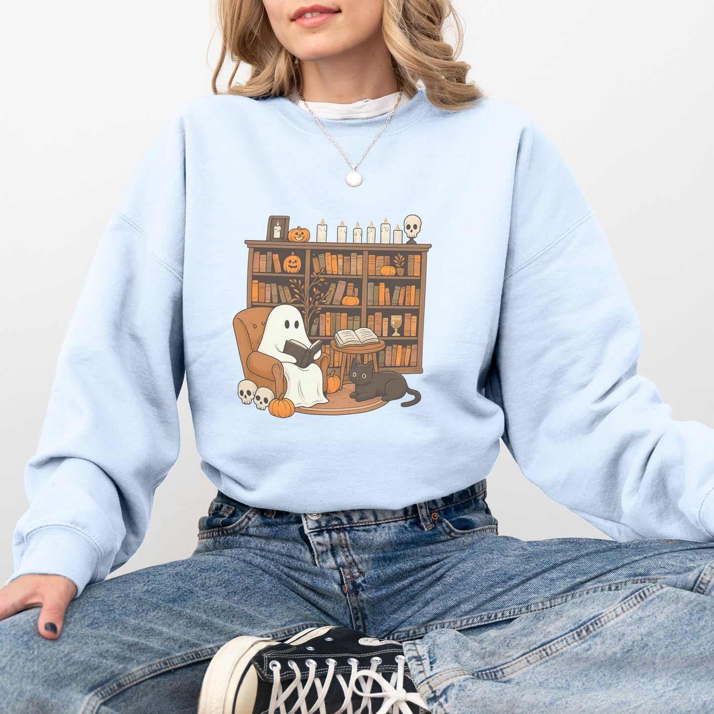 Cute Ghost and Cat Halloween Sweatshirt – Cozy Fall Crewneck