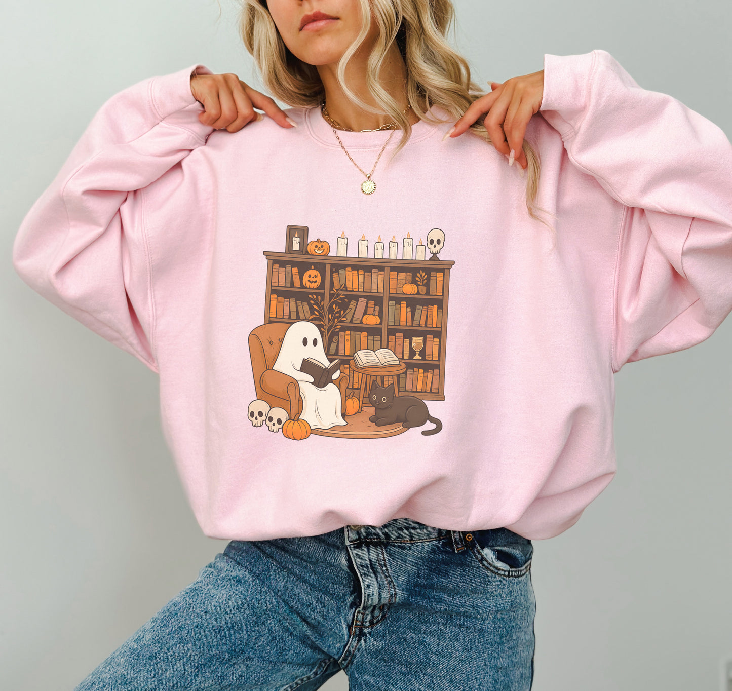 Cute Ghost and Cat Halloween Sweatshirt – Cozy Fall Crewneck