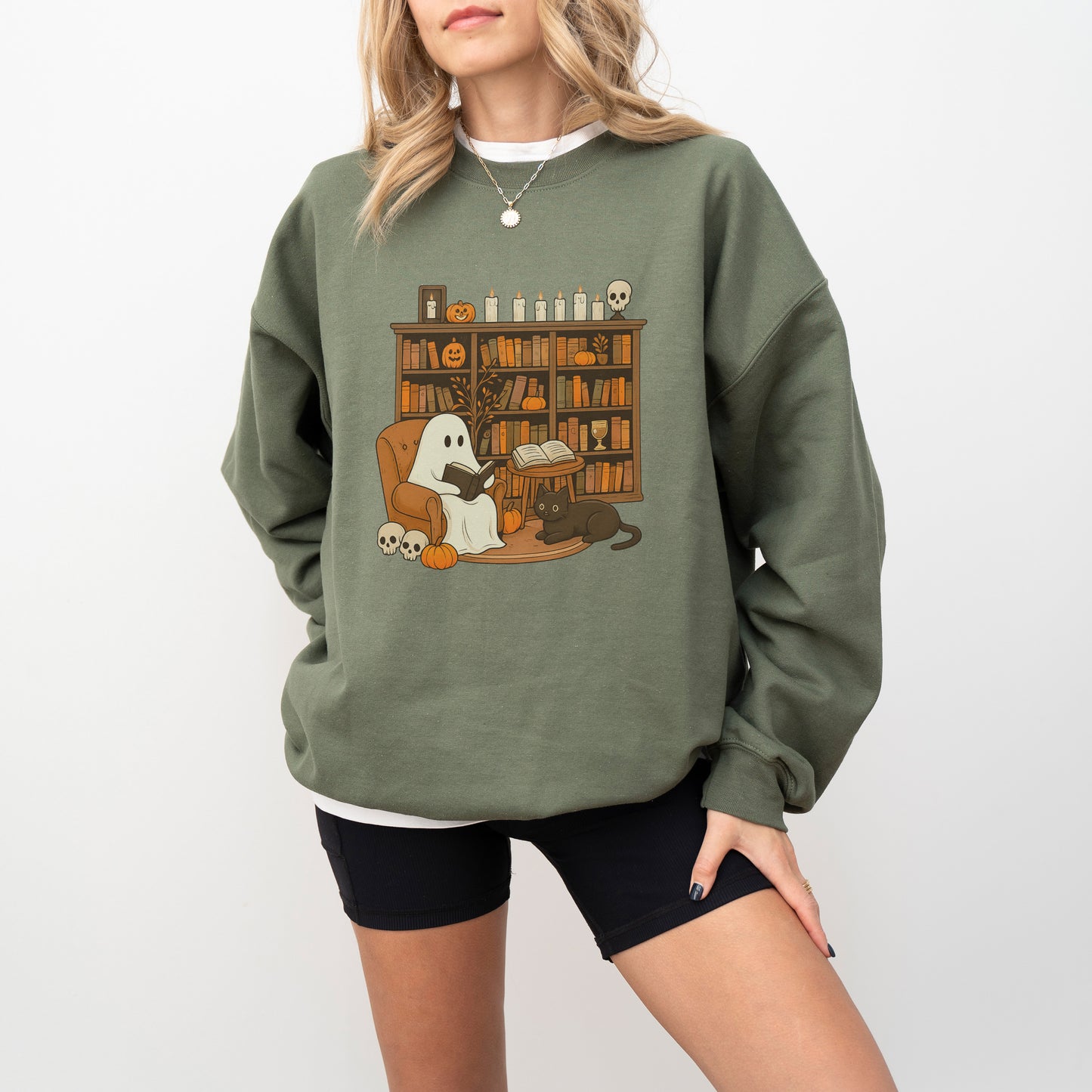 Cute Ghost and Cat Halloween Sweatshirt – Cozy Fall Crewneck