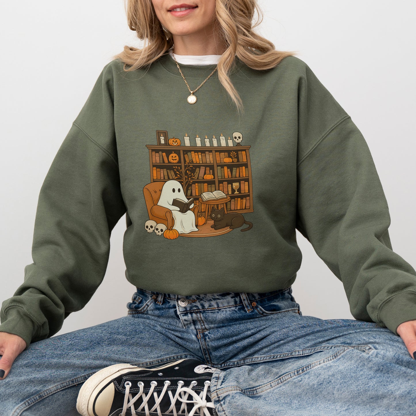 Cute Ghost and Cat Halloween Sweatshirt – Cozy Fall Crewneck