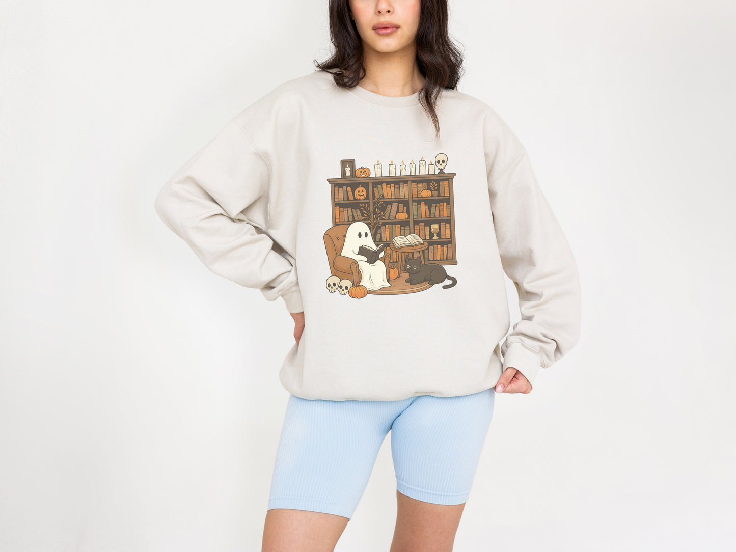 Cute Ghost and Cat Halloween Sweatshirt – Cozy Fall Crewneck