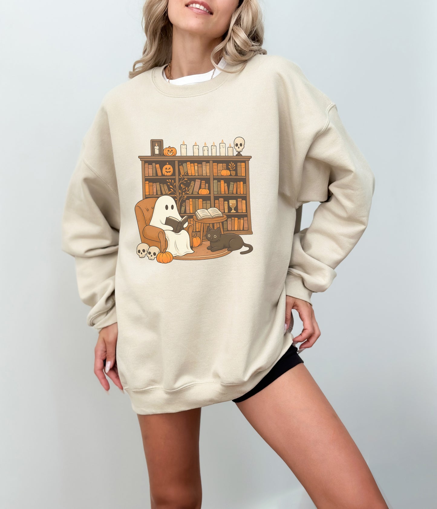 Cute Ghost and Cat Halloween Sweatshirt – Cozy Fall Crewneck