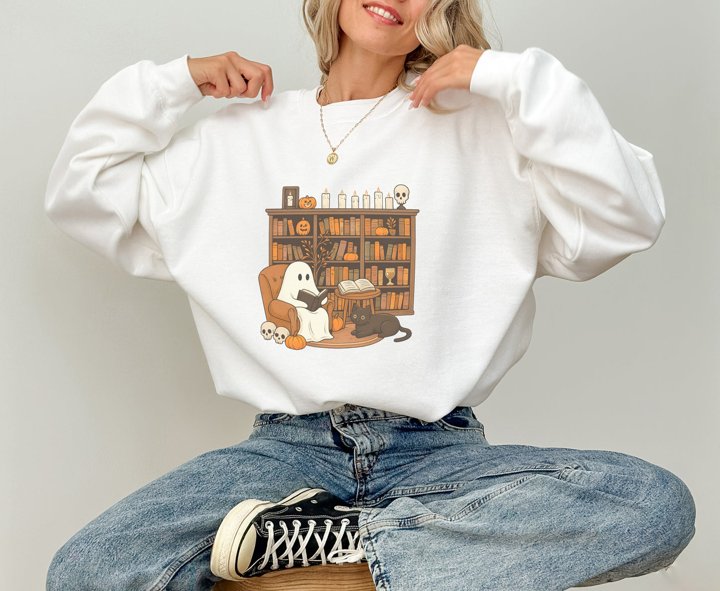 Cute Ghost and Cat Halloween Sweatshirt – Cozy Fall Crewneck