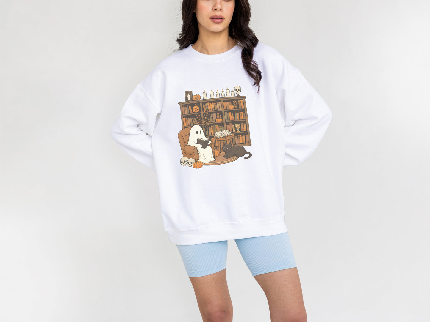 Cute Ghost and Cat Halloween Sweatshirt – Cozy Fall Crewneck