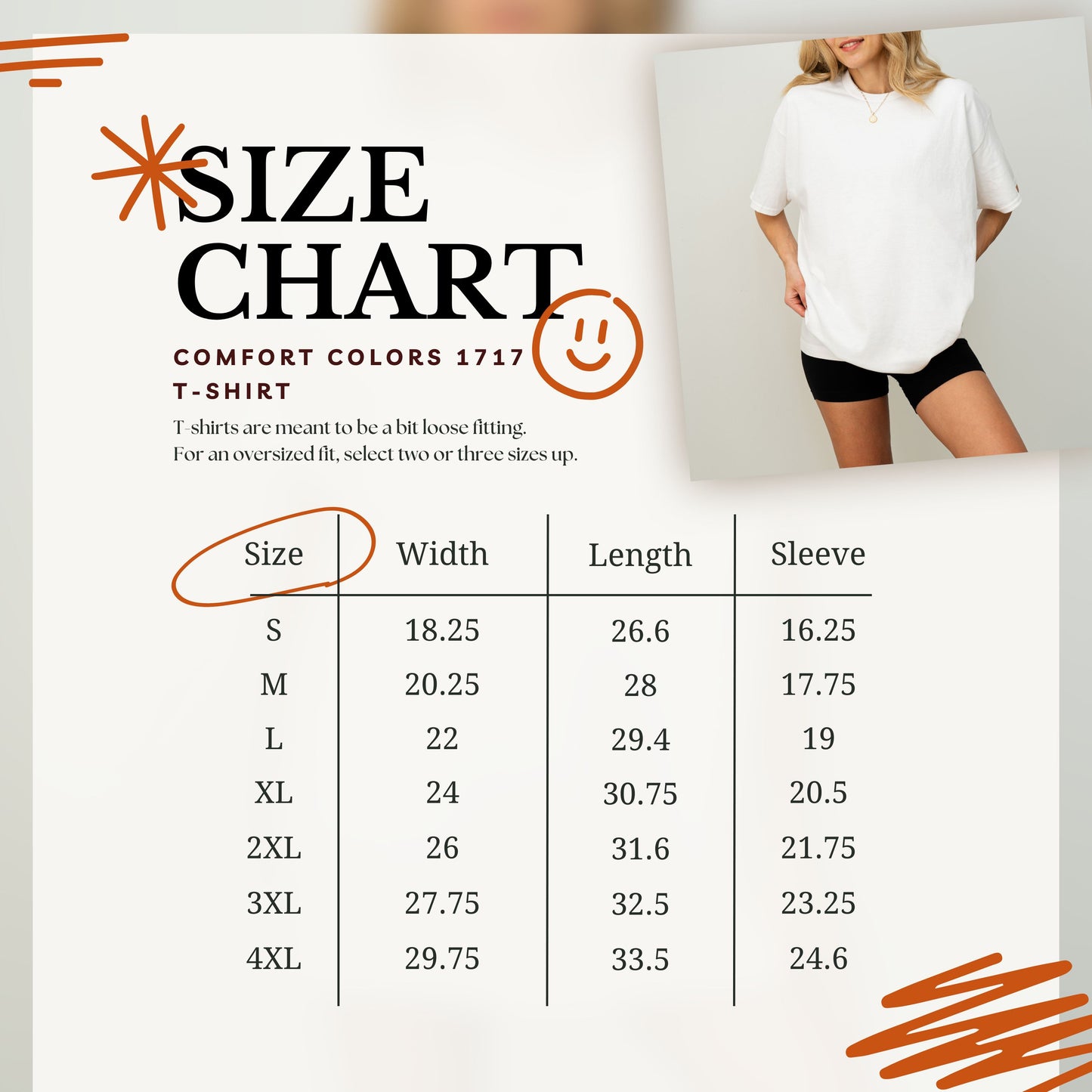 The image is a size chart for a T-shirt, showing the different sizes available in comfort colors 1717. The chart provides the width, length, and sleeve size for each size, ranging from S to XL.