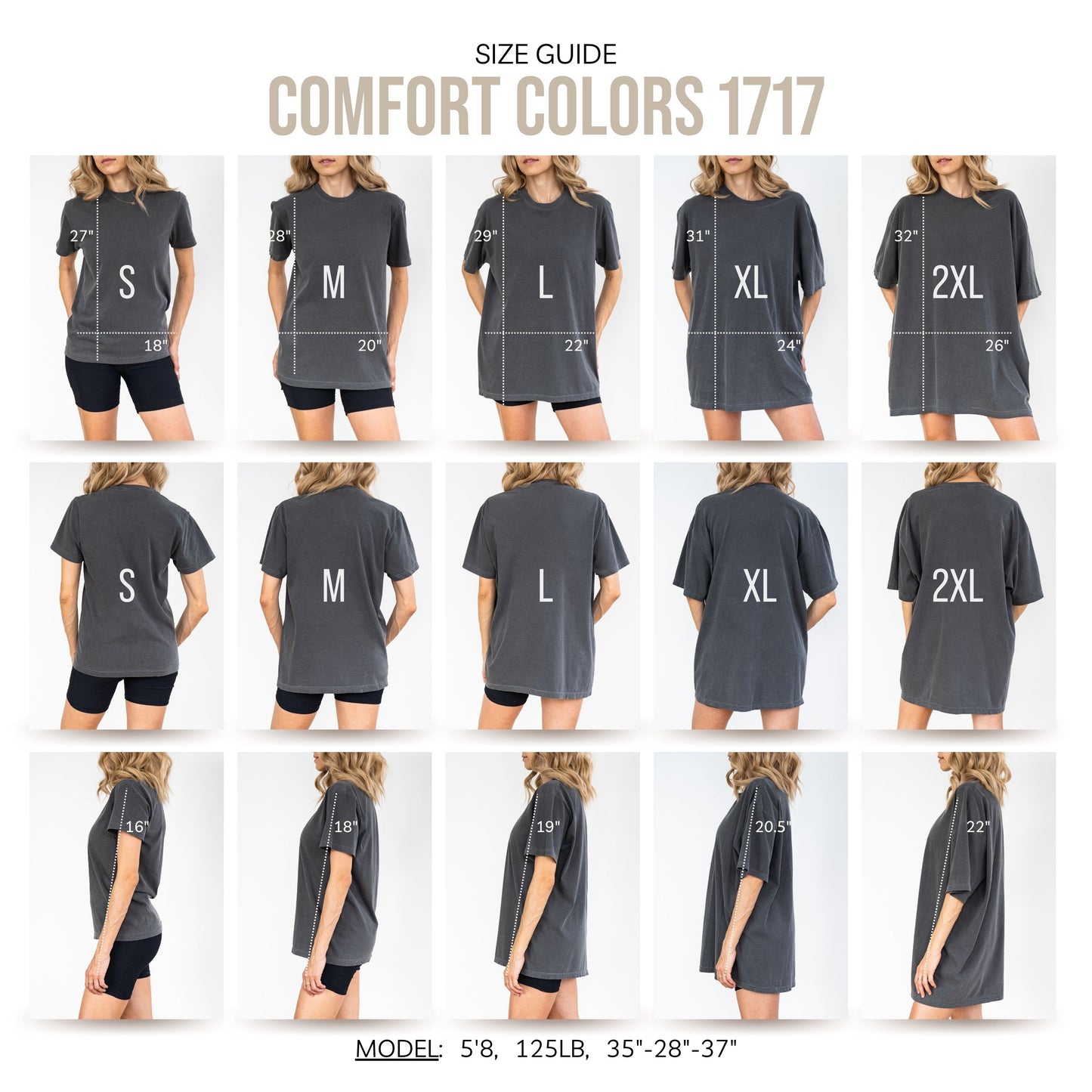 The image is a size guide for COMFORT COLORS 1717, showing different sizes of gray t-shirts for women.