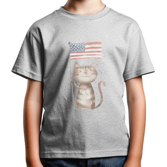 Kids' Cat with American Flag T-Shirt – Fun & Patriotic Design