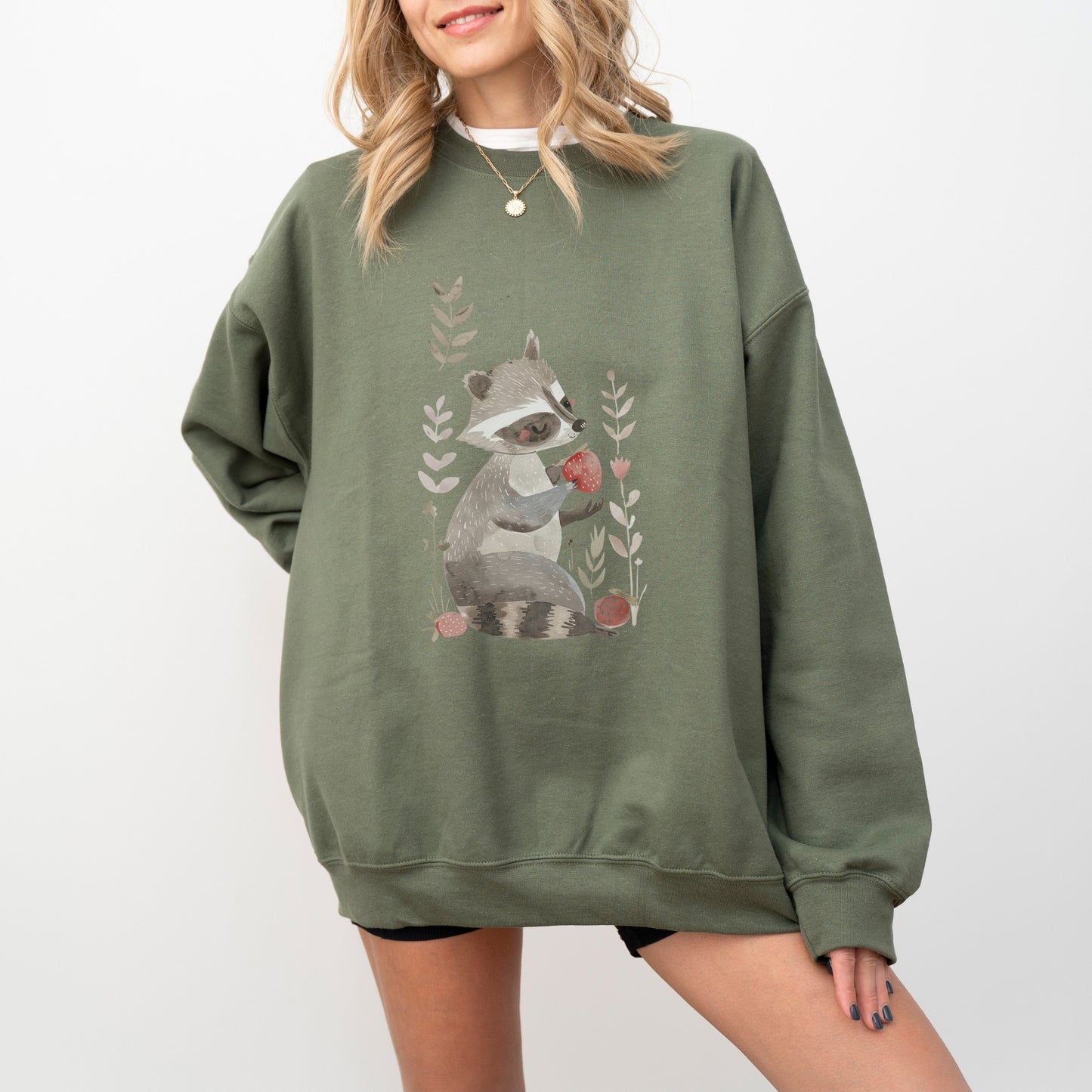 Raccoon Eating Strawberry Unisex Sweatshirt – Fun & Cozy Design