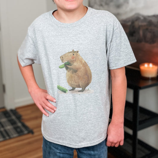 Kids' Capybara Eating Pickle T-Shirt - Fun & Comfortable