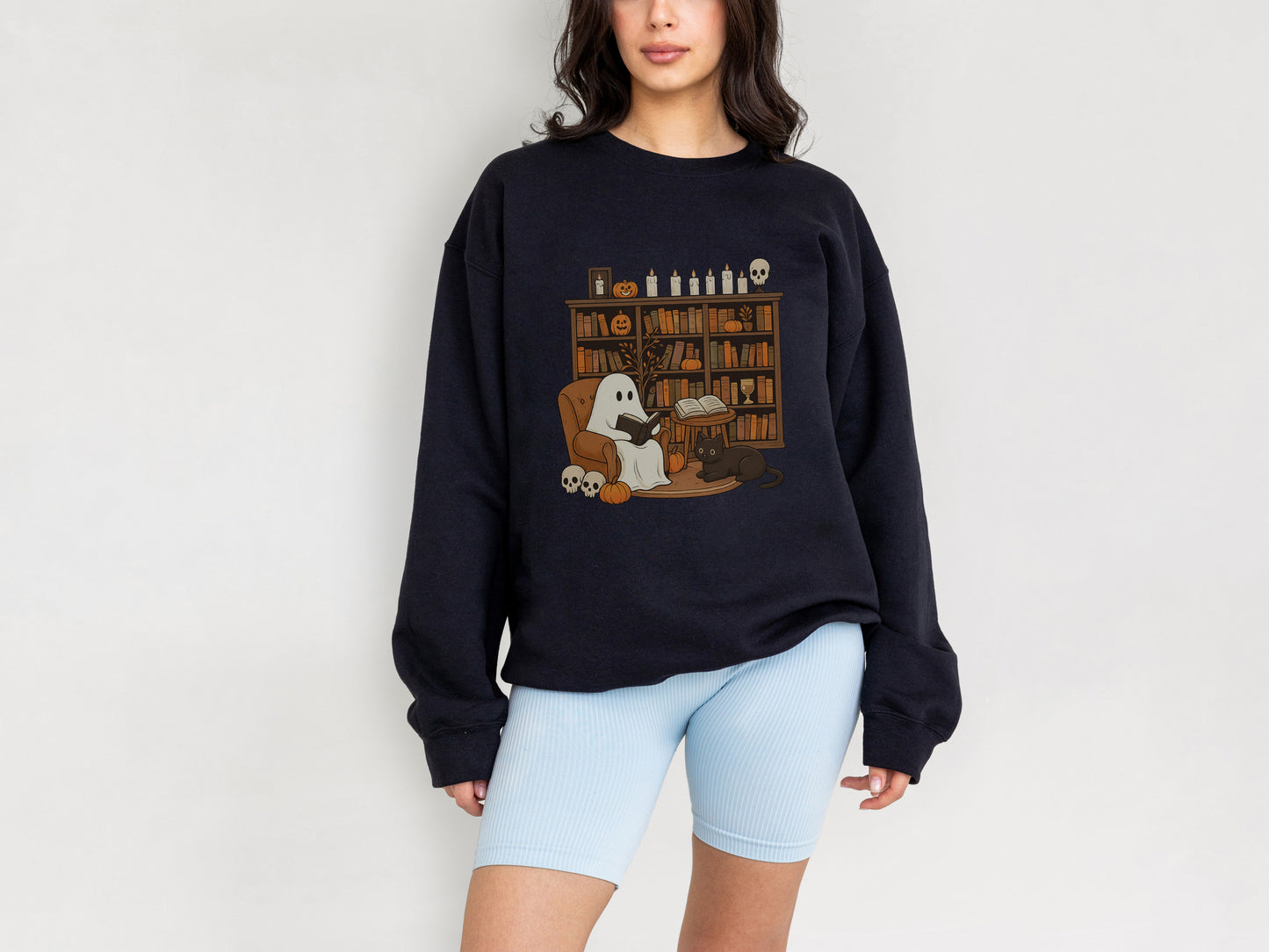 Cute Ghost and Cat Halloween Sweatshirt – Cozy Fall Crewneck