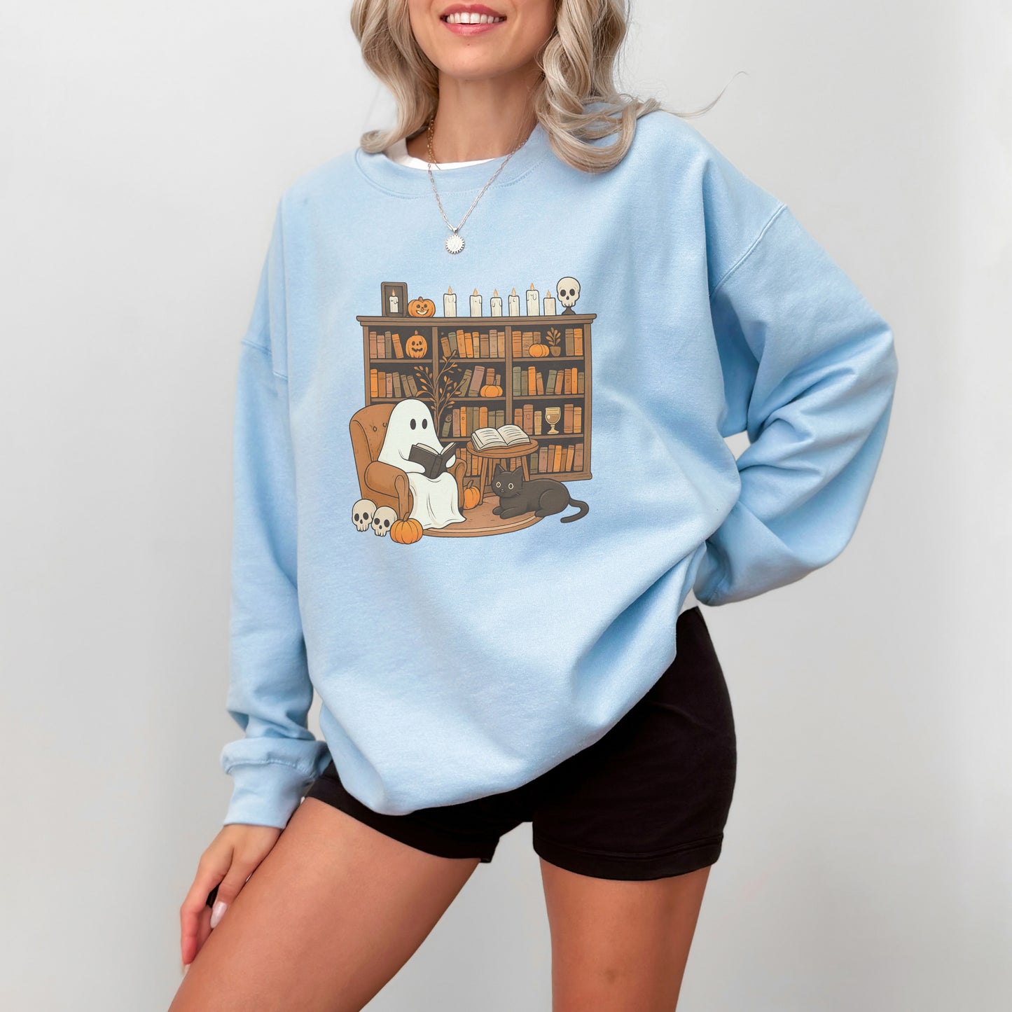 Cute Ghost and Cat Halloween Sweatshirt – Cozy Fall Crewneck