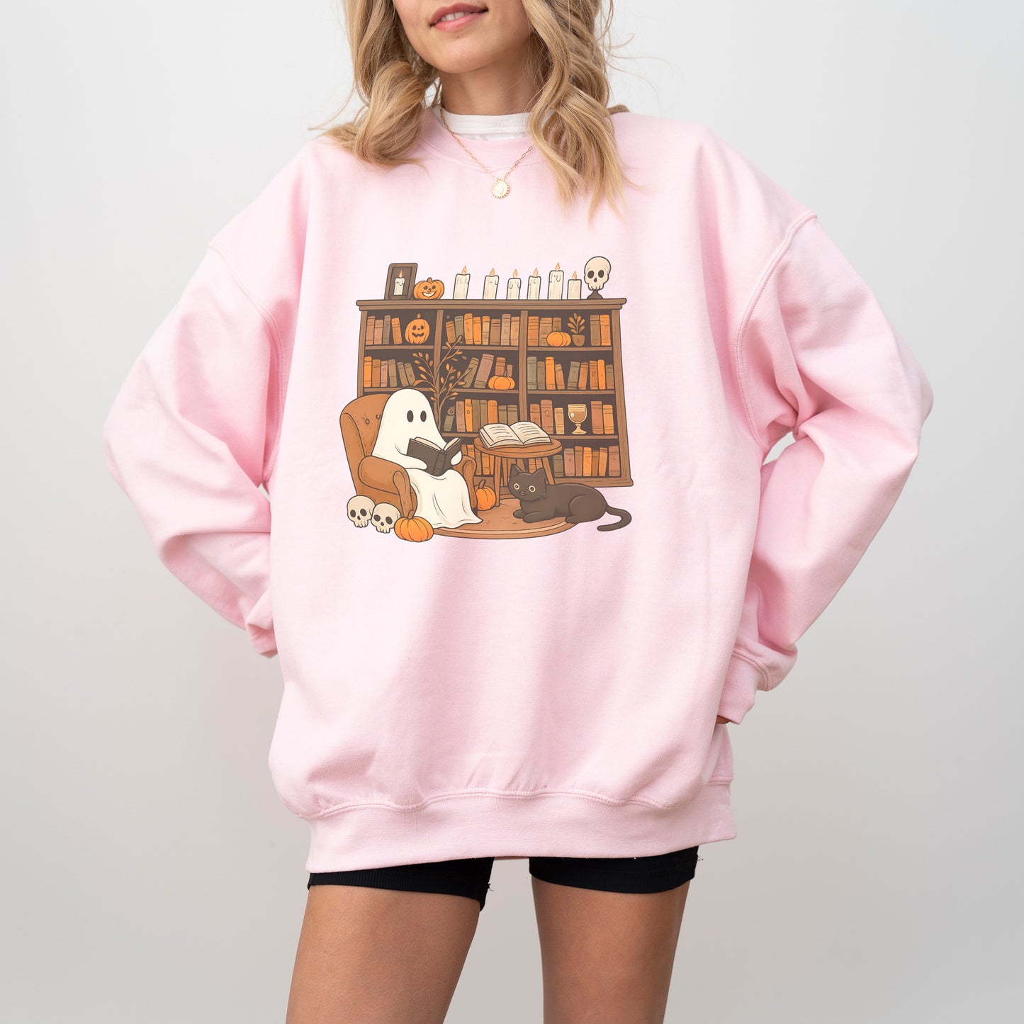 Cute Ghost and Cat Halloween Sweatshirt – Cozy Fall Crewneck