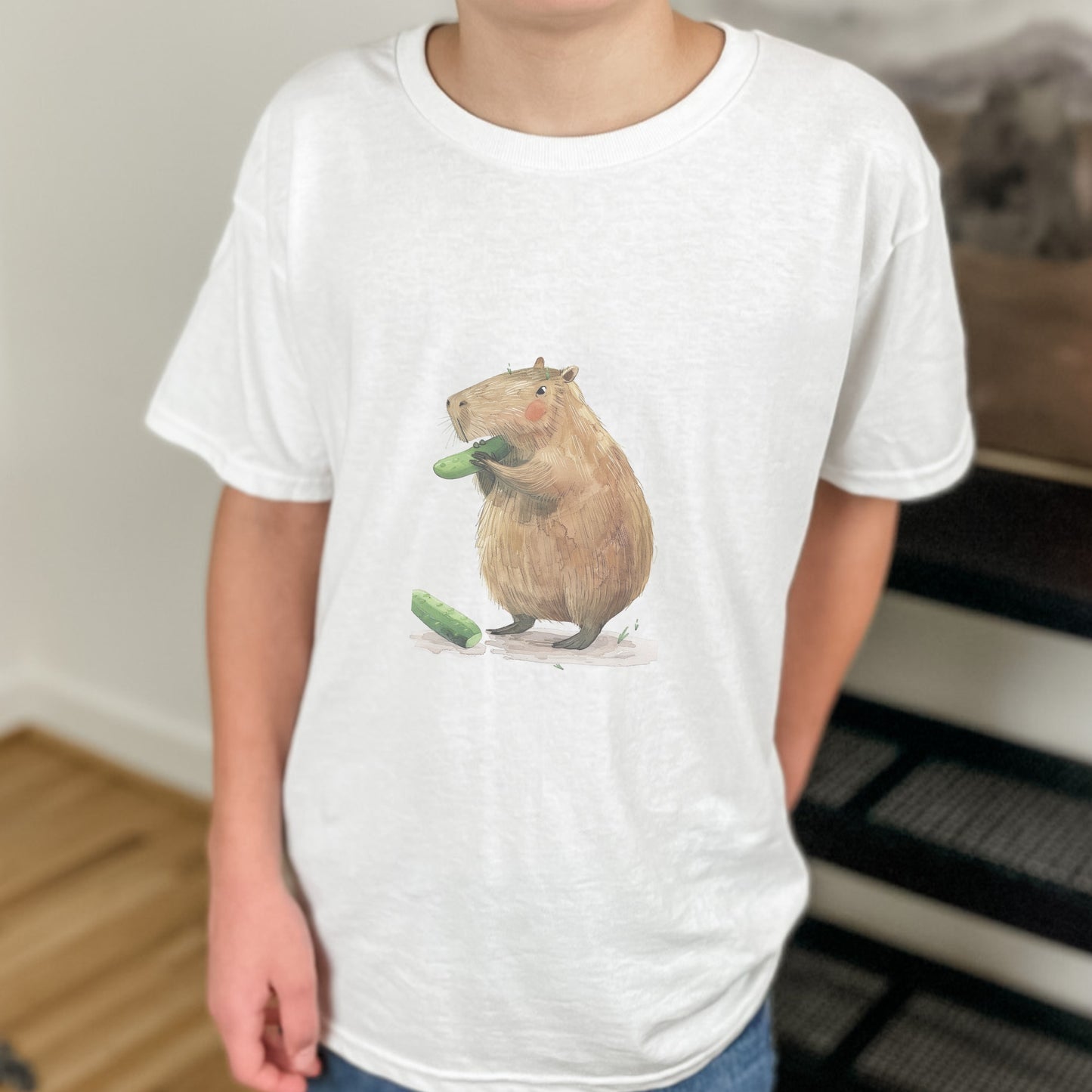 Kids' Capybara Eating Pickle T-Shirt - Fun & Comfortable