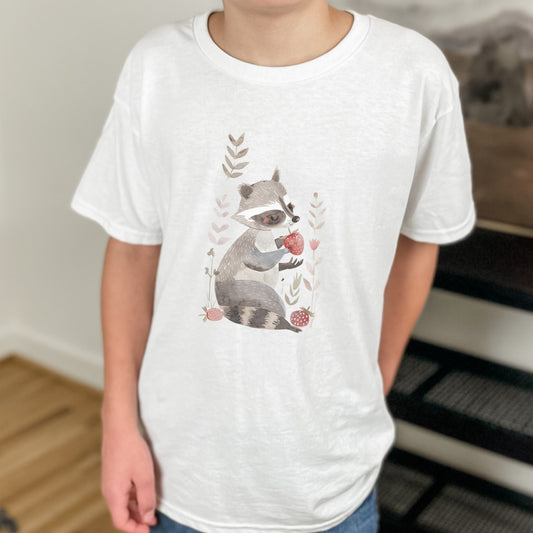 Kids' Raccoon Eating Strawberry T-Shirt – Cute & Comfortable Kids Apparel