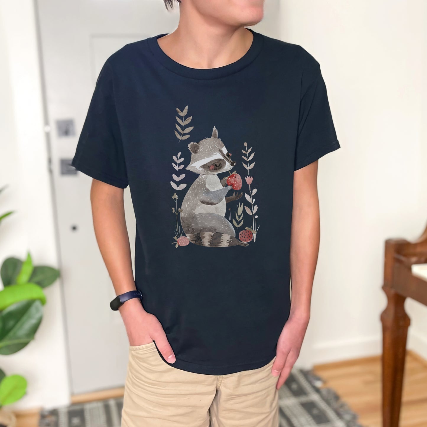 Kids' Raccoon Eating Strawberry T-Shirt – Cute & Comfortable Kids Apparel