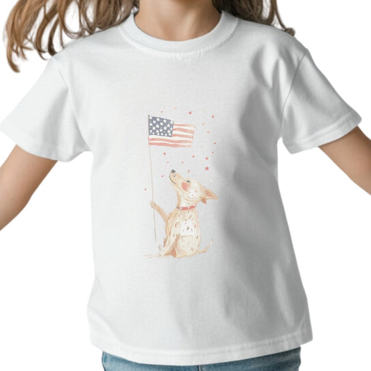 Kids' Dog Holding American Flag T-Shirt – Patriotic & Cute