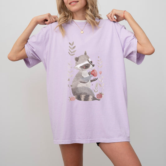 Raccoon with Strawberry T-Shirt | Fun & Whimsical Comfort Colors Tee