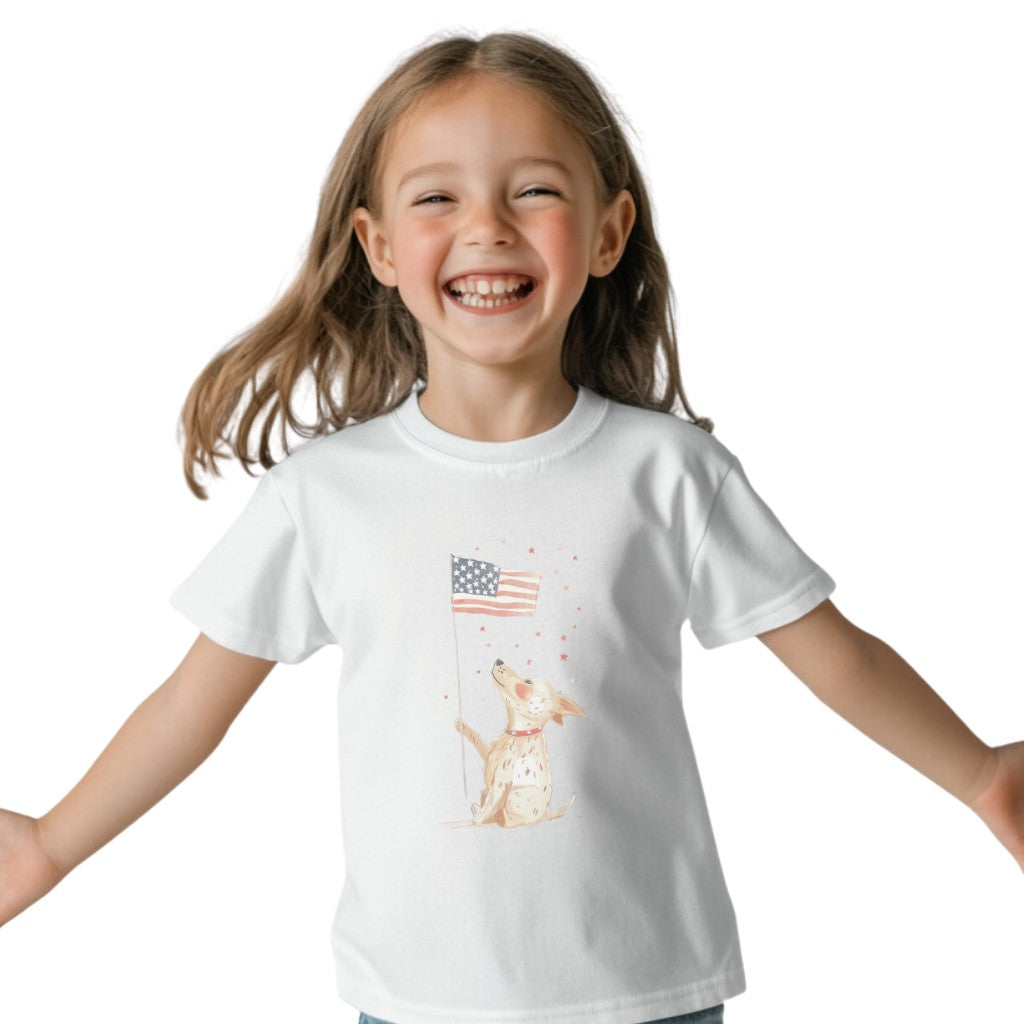 Kids' Dog Holding American Flag T-Shirt – Patriotic & Cute