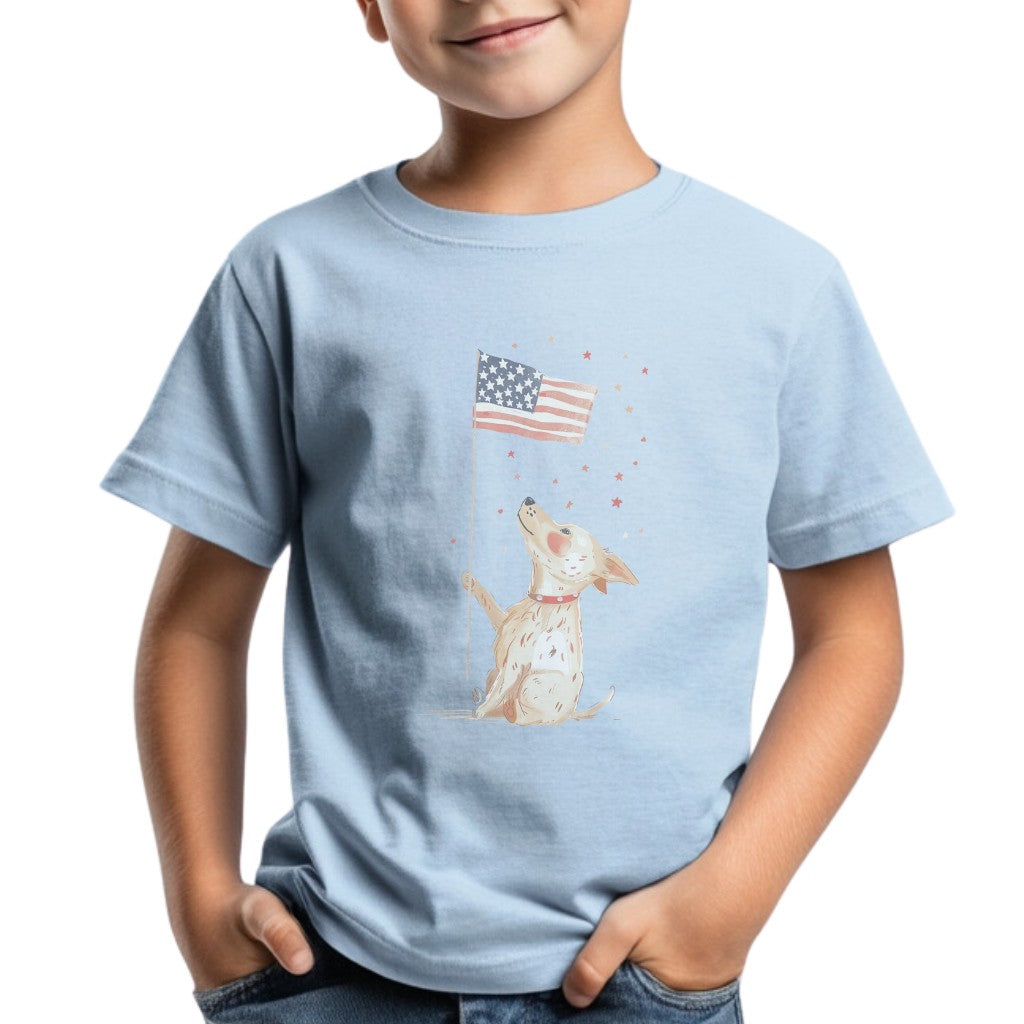 Kids' Dog Holding American Flag T-Shirt – Patriotic & Cute