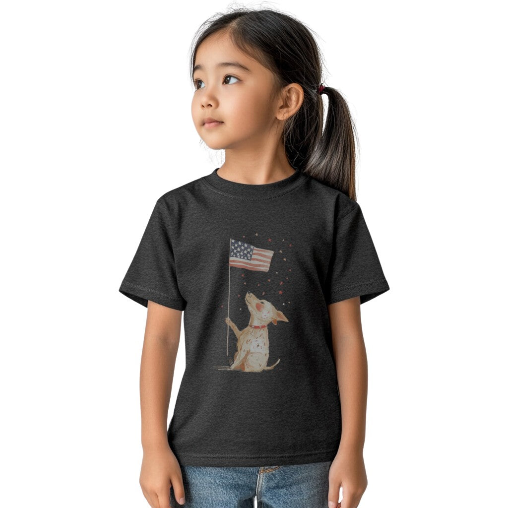 Kids' Dog Holding American Flag T-Shirt – Patriotic & Cute