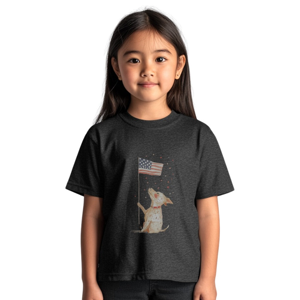 Kids' Dog Holding American Flag T-Shirt – Patriotic & Cute