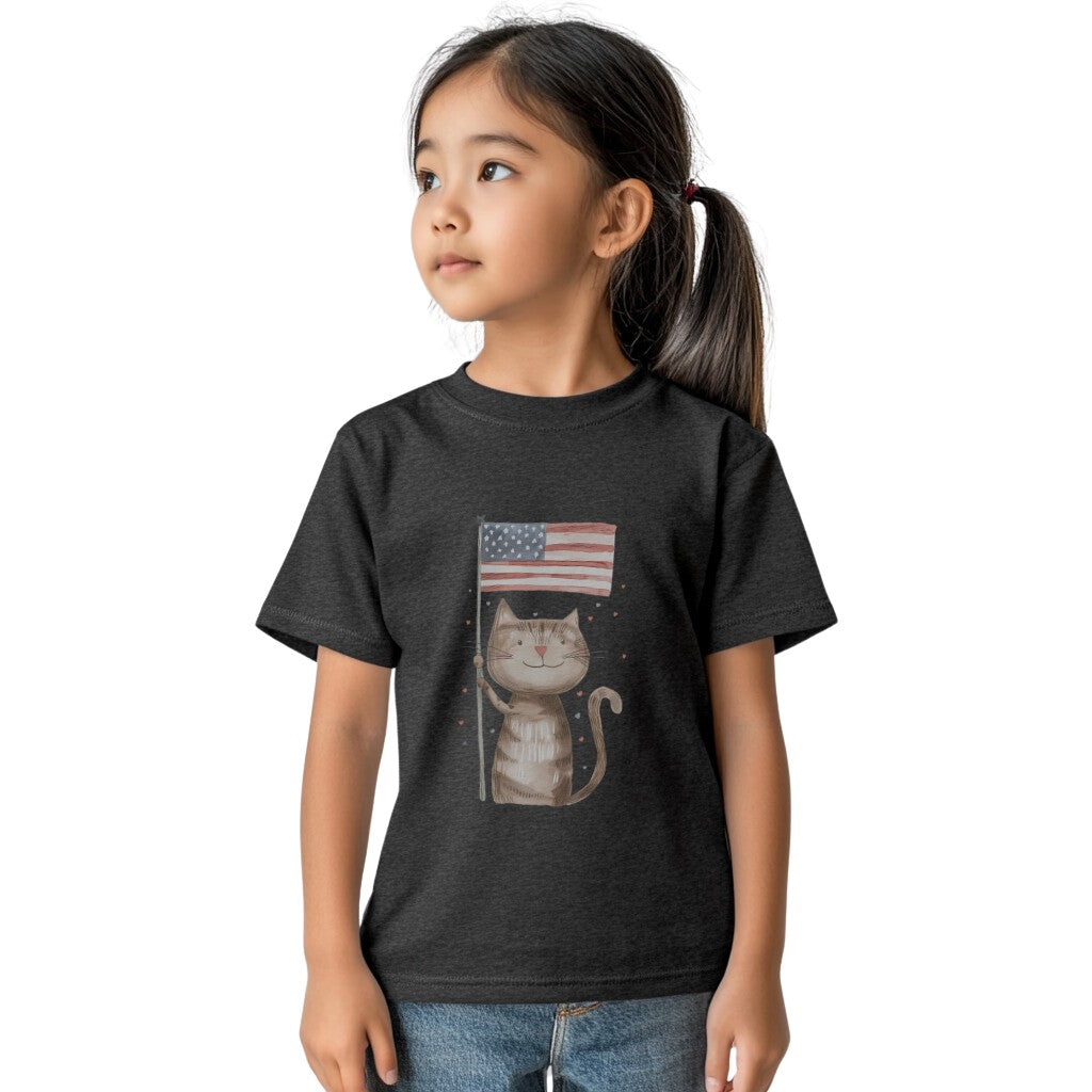 Kids' Cat with American Flag T-Shirt – Fun & Patriotic Design