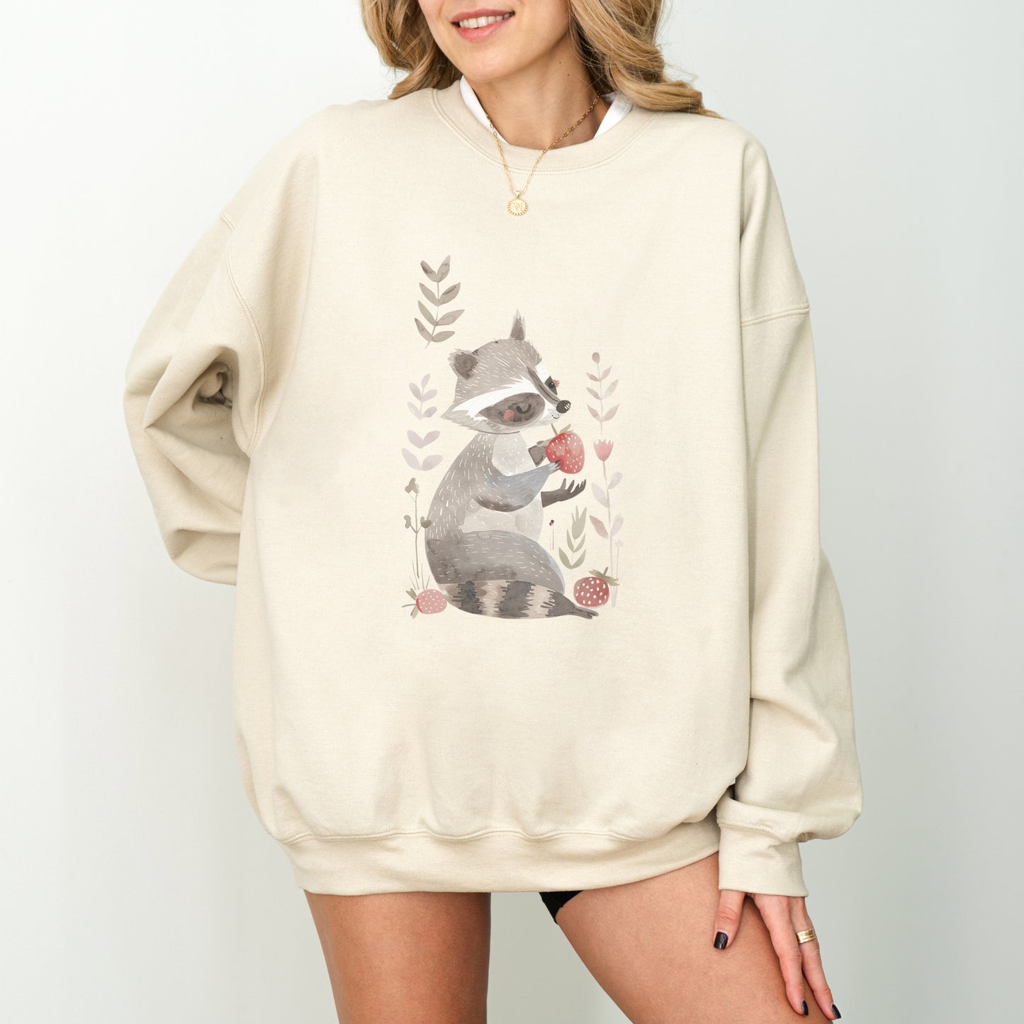 Raccoon Eating Strawberry Unisex Sweatshirt – Fun & Cozy Design